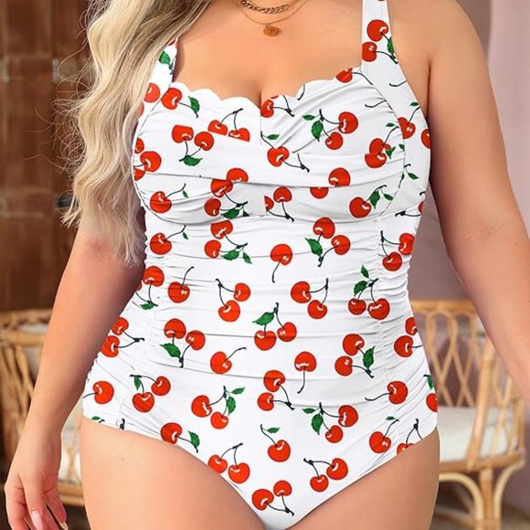 Aqua Eve Scalloped Swimwear Size 18W | Retro White Cherry Full Coverage Swimsuit - Picture 4 of 4